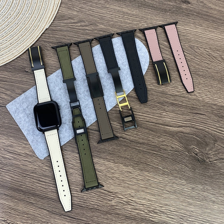 For Apple Watch Series 2 42mm Trapezoid Fold Magnetic Buckle Silicone PU Watch Band(Black Gold) - free shipping - PMC TechLife - Order now!