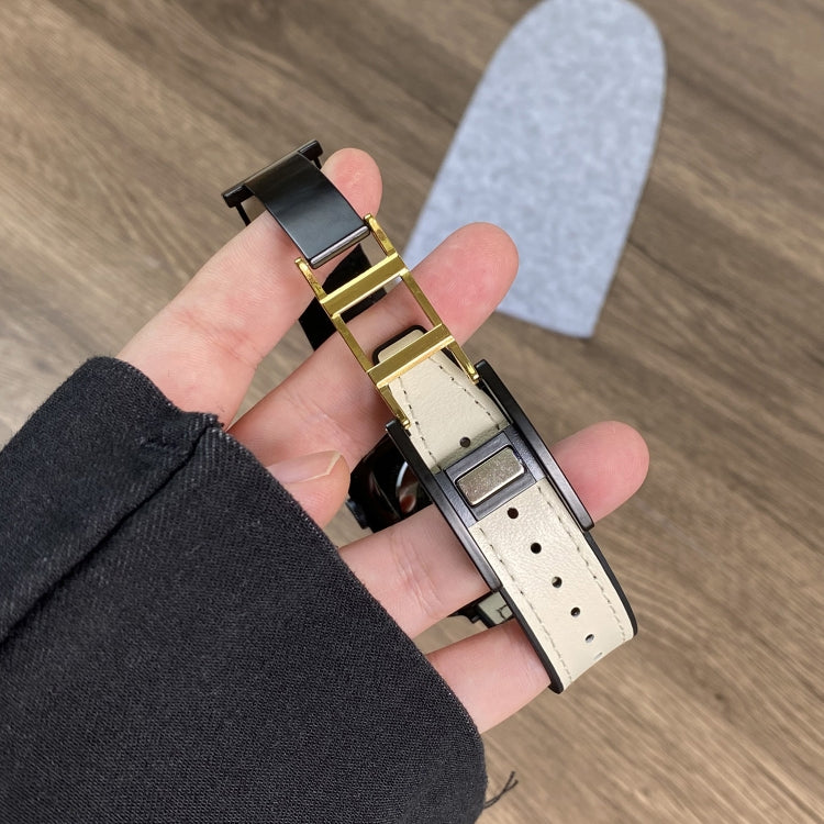 For Apple Watch SE 44mm Trapezoid Fold Magnetic Buckle Silicone PU Watch Band(Beige Gold) - free shipping - PMC TechLife - Order now!