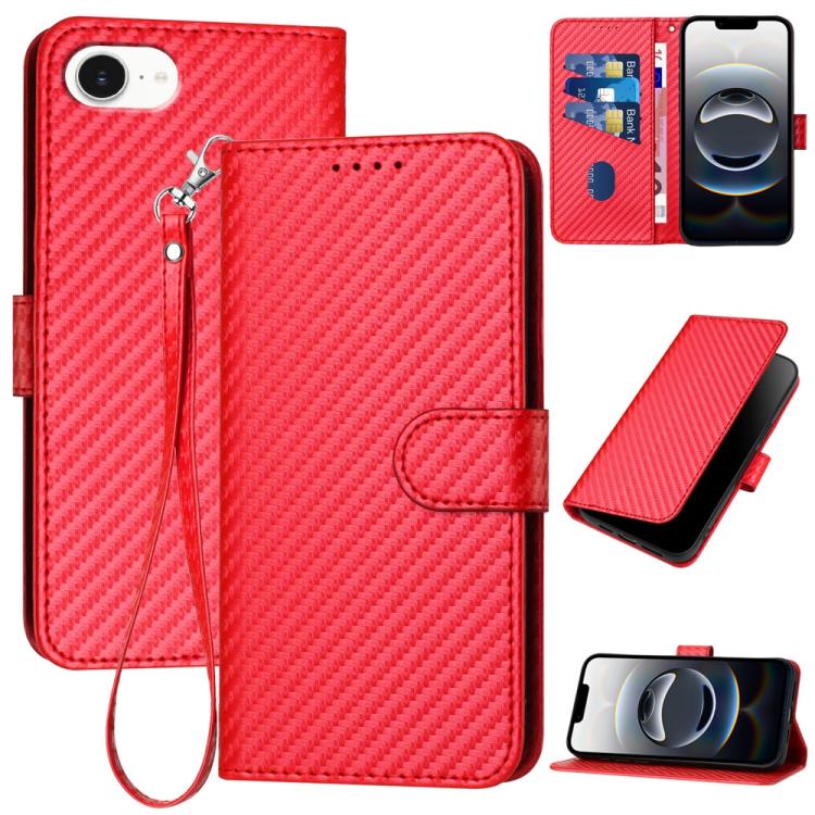 For iPhone 16e YX0070 Carbon Fiber Buckle Leather Phone Case with Lanyard(Red) - iPhone 16e Cases by PMC TechLife | Online Shopping South Africa | PMC TechLife | Buy Now Pay Later Mobicred