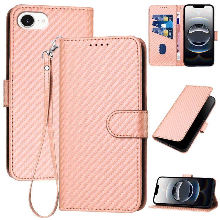 For iPhone 16e YX0070 Carbon Fiber Buckle Leather Phone Case with Lanyard(Pink) - iPhone 16e Cases by PMC TechLife | Online Shopping South Africa | PMC TechLife | Buy Now Pay Later Mobicred
