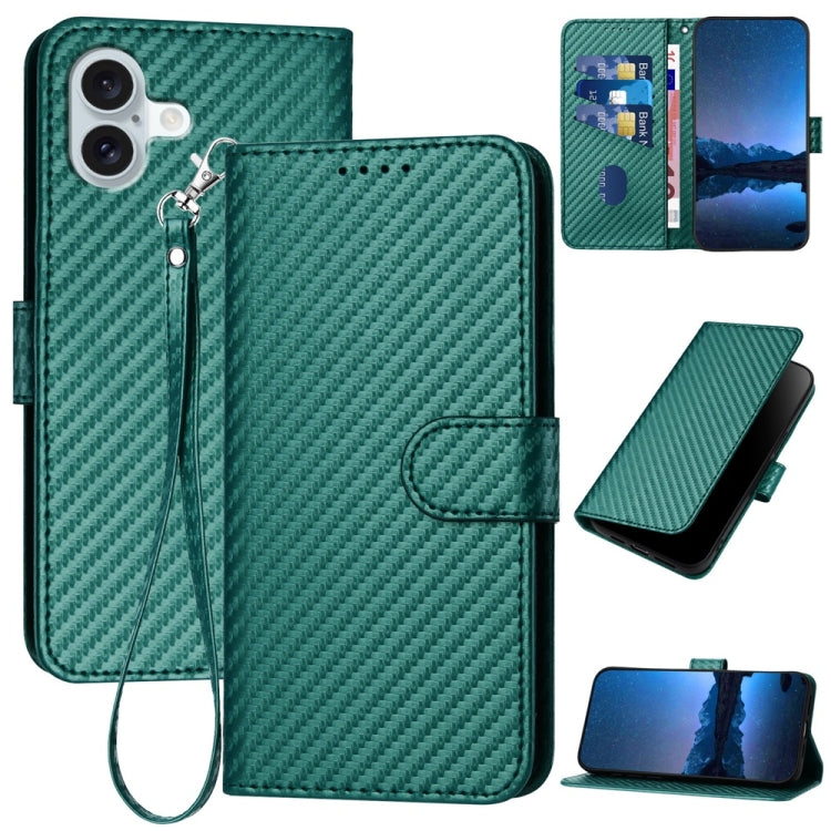 For iPhone 16 Plus YX0070 Carbon Fiber Buckle Leather Phone Case with Lanyard(Dark Green) - iPhone 16 Plus Cases by PMC TechLife | Online Shopping South Africa | PMC TechLife | Buy Now Pay Later Mobicred