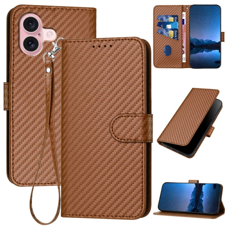 For iPhone 16 YX0070 Carbon Fiber Buckle Leather Phone Case with Lanyard(Coffee) - iPhone 16 Cases by PMC TechLife | Online Shopping South Africa | PMC TechLife | Buy Now Pay Later Mobicred
