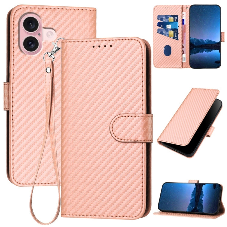 For iPhone 16 YX0070 Carbon Fiber Buckle Leather Phone Case with Lanyard(Pink) - iPhone 16 Cases by PMC TechLife | Online Shopping South Africa | PMC TechLife | Buy Now Pay Later Mobicred