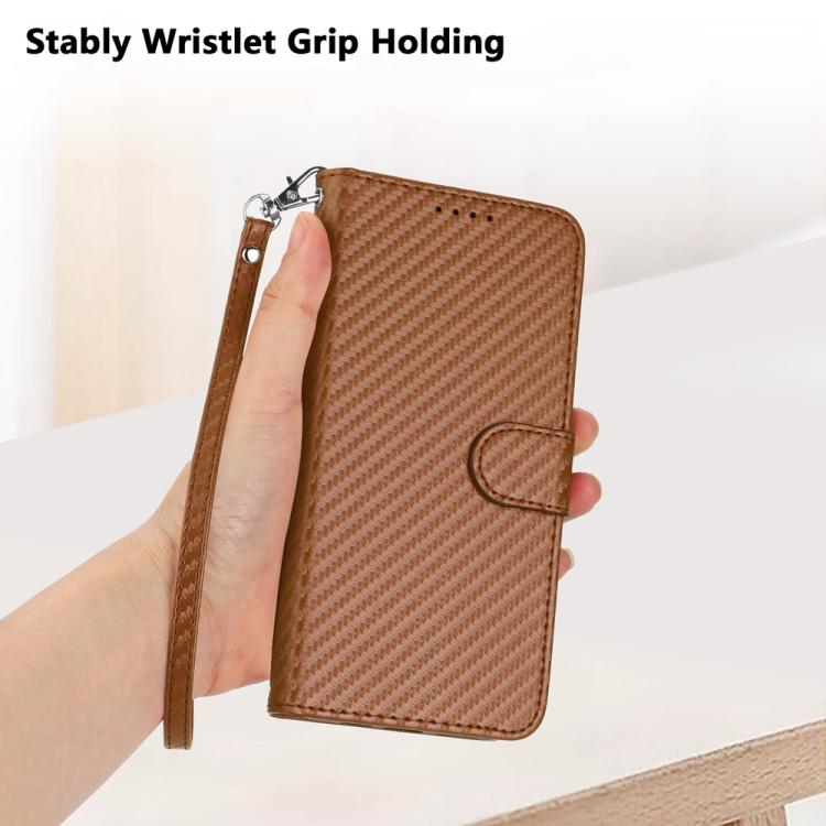 For iPhone 17 Pro Max YX0070 Carbon Fiber Buckle Leather Phone Case with Lanyard(Coffee) - free shipping - PMc TechLife - Order now!