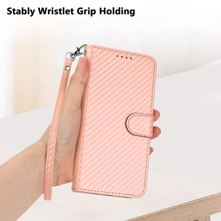For iPhone 17 Pro Max YX0070 Carbon Fiber Buckle Leather Phone Case with Lanyard(Pink) - free shipping - PMc TechLife - Order now!