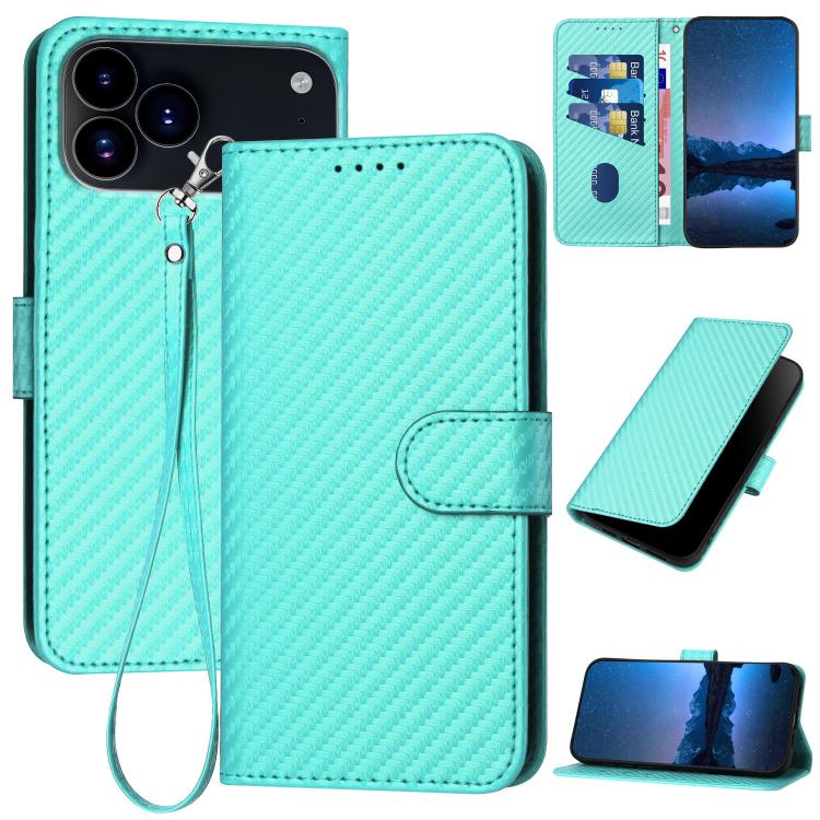 For iPhone 17 Pro YX0070 Carbon Fiber Buckle Leather Phone Case with Lanyard(Light Blue) - free shipping - PMc TechLife - Order now!