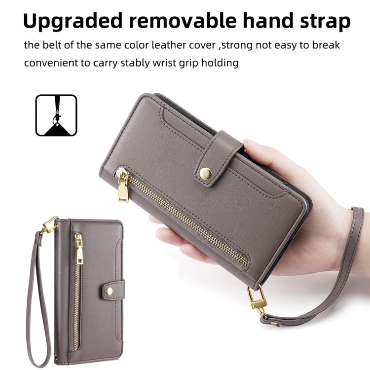 For Google Pixel 8a Sheep Texture Cross-body Zipper Wallet Leather Phone Case(Grey) - Google Cases by PMC TechLife | Online Shopping South Africa | PMC TechLife | Buy Now Pay Later Mobicred