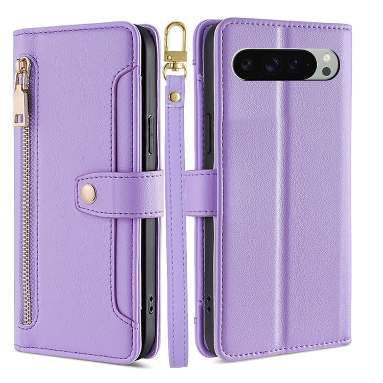For Google Pixel 9 Pro XL Sheep Texture Cross-body Zipper Wallet Leather Phone Case(Purple) - Google Cases by PMC TechLife | Online Shopping South Africa | PMC TechLife | Buy Now Pay Later Mobicred