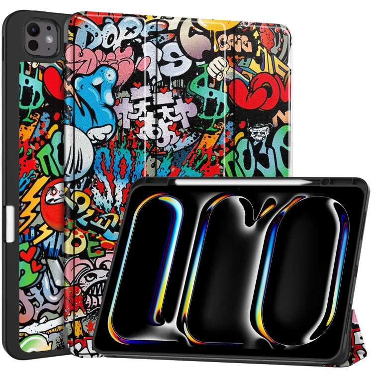 For iPad Pro 13 2024 Custer Painted 3-Fold Holder Smart Leather Tablet Case with Pen Tray(Graffiti) - iPad Pro 13 2024 Cases by PMC TechLife | Online Shopping South Africa | PMC TechLife | Buy Now Pay Later Mobicred