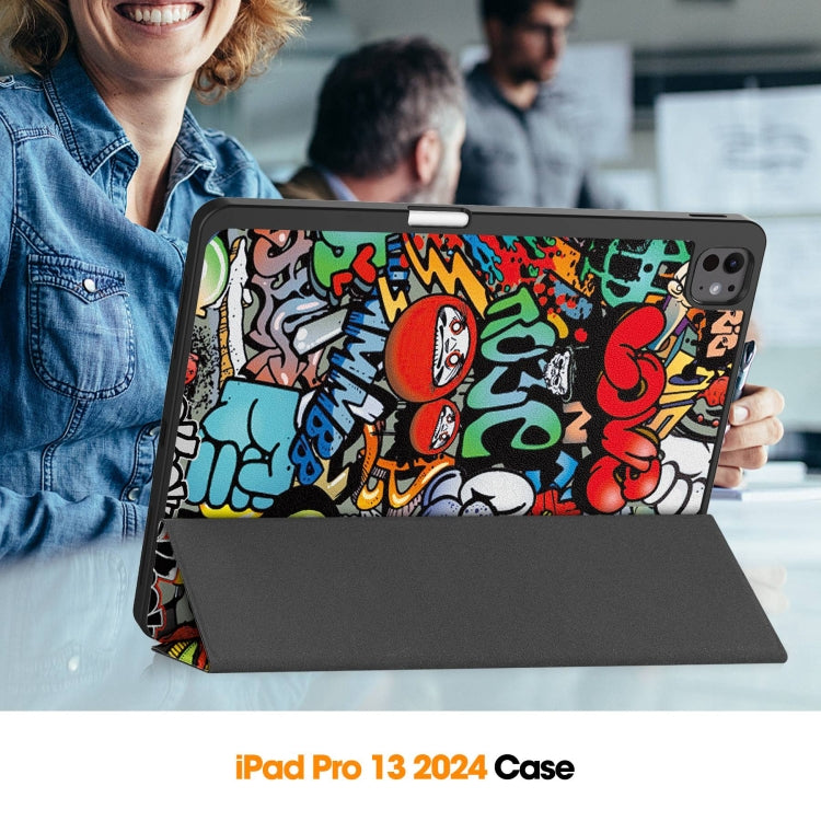 For iPad Pro 13 2024 Custer Painted 3-Fold Holder Smart Leather Tablet Case with Pen Tray(Graffiti) - iPad Pro 13 2024 Cases by PMC TechLife | Online Shopping South Africa | PMC TechLife | Buy Now Pay Later Mobicred