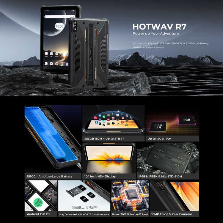 HOTWAV Tab R7 Rugged Tablet, 6GB+256GB, 10.1 inch Android 13 Unisoc Tiger T606 Octa Core 4G Network, Global Version with Google Play(Black Grey) - free shipping - PMC TechLife - Order now!