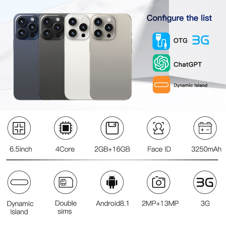i15 Pro Max / Q5, 2GB+16GB, 6.5 inch Screen, Face Identification, Android 8.1 MTK6580P Quad Core, Network: 3G, Dual SIM(Titanium White) -  by PMC TechLife | Online Shopping South Africa | PMC TechLife