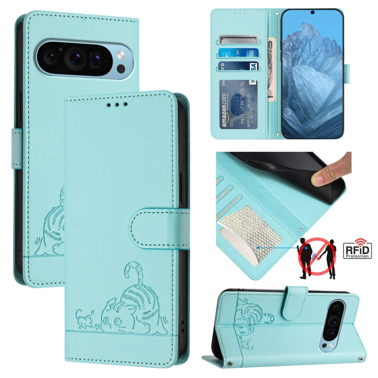 For Google Pixel 9 Pro XL Cat Rat Embossed Pattern RFID Leather Phone Case with Lanyard(Mint Green) - Google Cases by PMC TechLife | Online Shopping South Africa | PMC TechLife | Buy Now Pay Later Mobicred