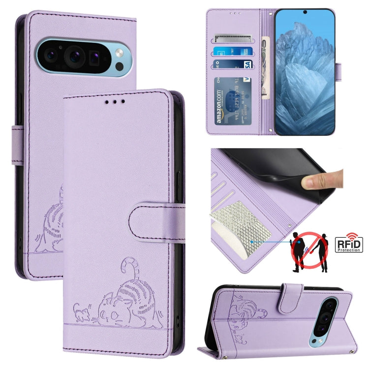 For Google Pixel 9 Pro XL Cat Rat Embossed Pattern RFID Leather Phone Case with Lanyard(Purple) - Google Cases by PMC TechLife | Online Shopping South Africa | PMC TechLife | Buy Now Pay Later Mobicred