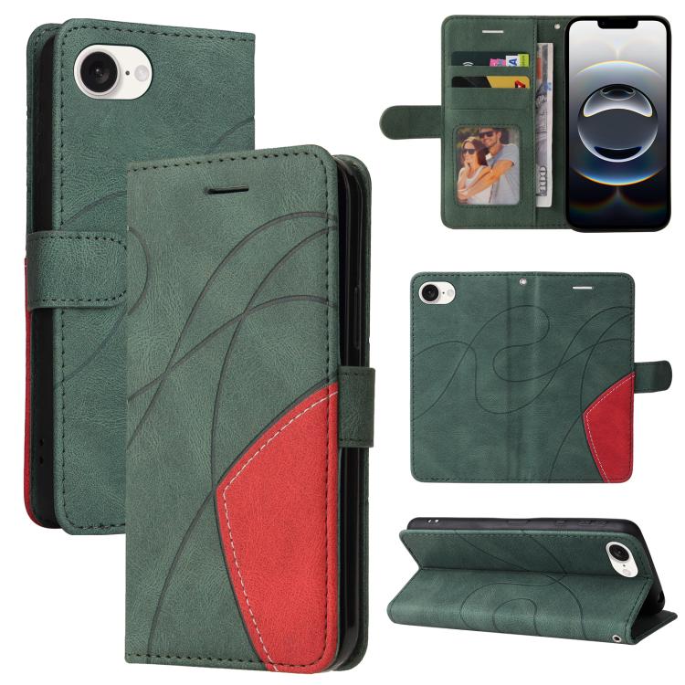 For iPhone 16e Dual-color Splicing Flip Leather Phone Case(Green) - iPhone 16e Cases by PMC TechLife | Online Shopping South Africa | PMC TechLife | Buy Now Pay Later Mobicred