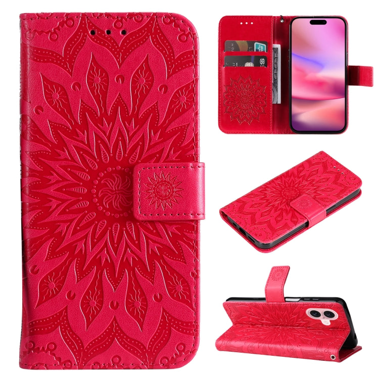 For iPhone 16 Embossed Sunflower Pattern Flip Leather Phone Case(Red) - iPhone 16 Cases by PMC TechLife | Online Shopping South Africa | PMC TechLife | Buy Now Pay Later Mobicred