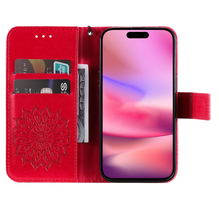 For iPhone 16 Embossed Sunflower Pattern Flip Leather Phone Case(Red) - iPhone 16 Cases by PMC TechLife | Online Shopping South Africa | PMC TechLife | Buy Now Pay Later Mobicred