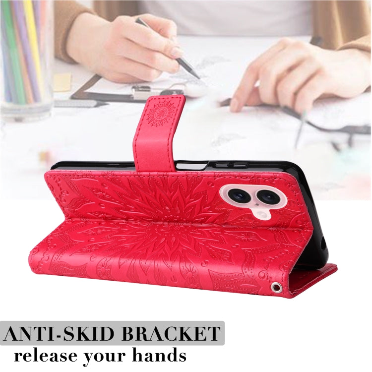 For iPhone 16 Embossed Sunflower Pattern Flip Leather Phone Case(Red) - iPhone 16 Cases by PMC TechLife | Online Shopping South Africa | PMC TechLife | Buy Now Pay Later Mobicred