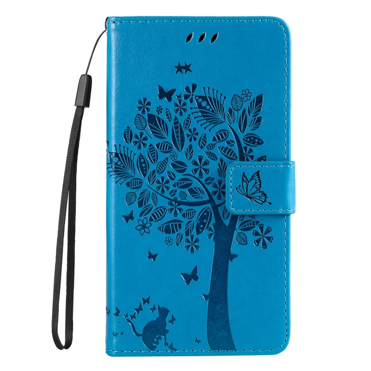 For iPhone 16e Tree & Cat Embossed Pattern Flip Leather Phone Case(Blue) - iPhone 16e Cases by PMC TechLife | Online Shopping South Africa | PMC TechLife | Buy Now Pay Later Mobicred