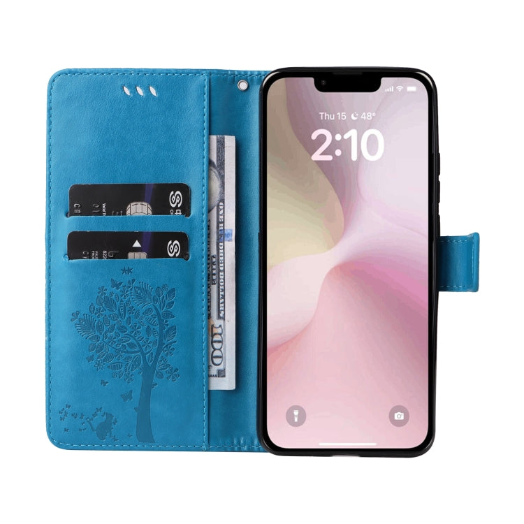 For iPhone 16e Tree & Cat Embossed Pattern Flip Leather Phone Case(Blue) - iPhone 16e Cases by PMC TechLife | Online Shopping South Africa | PMC TechLife | Buy Now Pay Later Mobicred
