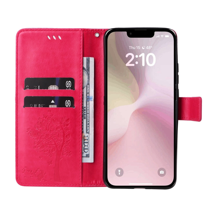 For iPhone 16e Tree & Cat Embossed Pattern Flip Leather Phone Case(Rose Red) - free shipping - PMC TechLife - Order now!