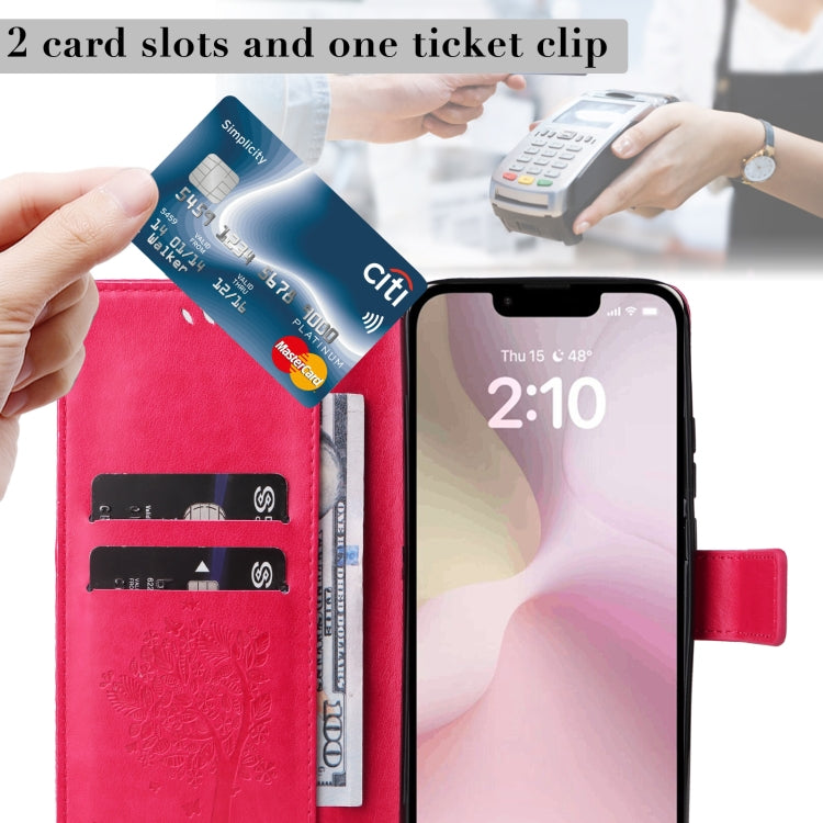 For iPhone 16e Tree & Cat Embossed Pattern Flip Leather Phone Case(Rose Red) - free shipping - PMC TechLife - Order now!