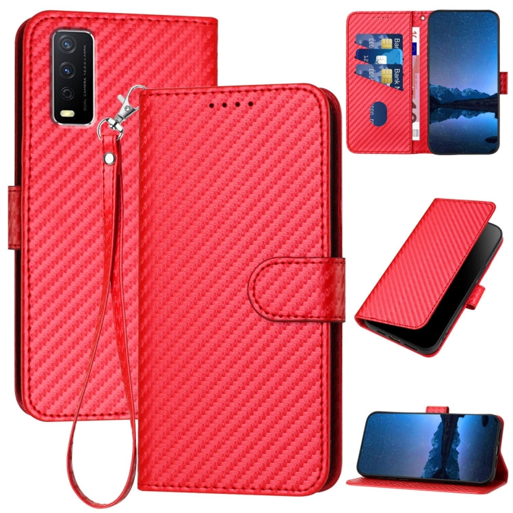 For vivo Y20/Y20i/Y20a/Y12s/Y12a YX0070 Carbon Fiber Buckle Leather Phone Case with Lanyard(Red) - vivo Cases by PMC TechLife | Online Shopping South Africa | PMC TechLife | Buy Now Pay Later Mobicred