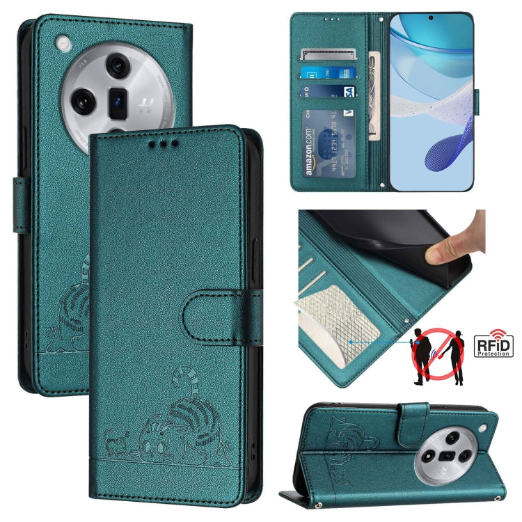 For OPPO Find X7 Cat Rat Embossed Pattern RFID Leather Phone Case with Lanyard(Peacock Green) - Find X7 Cases by PMC TechLife | Online Shopping South Africa | PMC TechLife | Buy Now Pay Later Mobicred