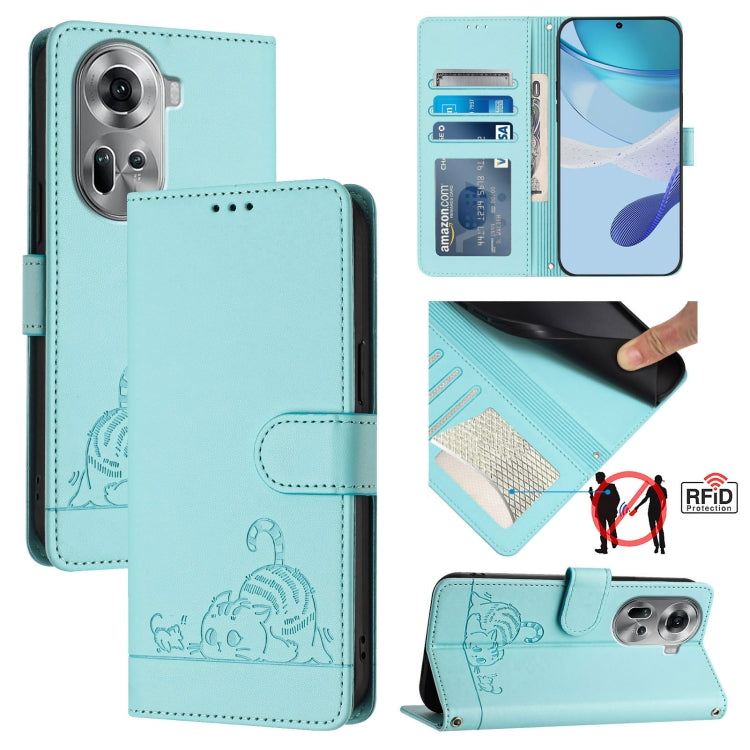 For OPPO Reno11 5G Global Cat Rat Embossed Pattern RFID Leather Phone Case with Lanyard(Mint Green) - Reno11 Cases by PMC TechLife | Online Shopping South Africa | PMC TechLife | Buy Now Pay Later Mobicred