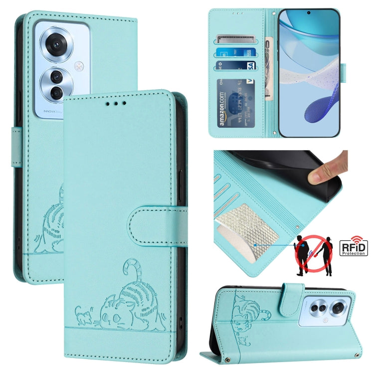 For OPPO Reno11 F 5G Global Cat Rat Embossed Pattern RFID Leather Phone Case with Lanyard(Mint Green) - Reno11 F Cases by PMC TechLife | Online Shopping South Africa | PMC TechLife | Buy Now Pay Later Mobicred