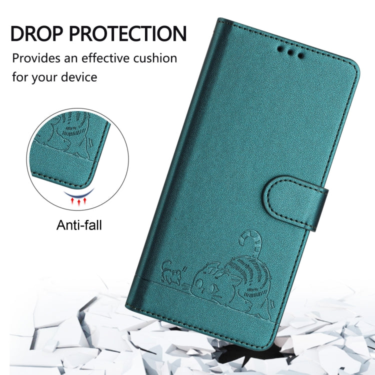 For Huawei Pura 70 Cat Rat Embossed Pattern RFID Leather Phone Case with Lanyard(Peacock Green) - Huawei Cases by PMC Jewellery | Online Shopping South Africa | PMC Jewellery | Buy Now Pay Later Mobicred