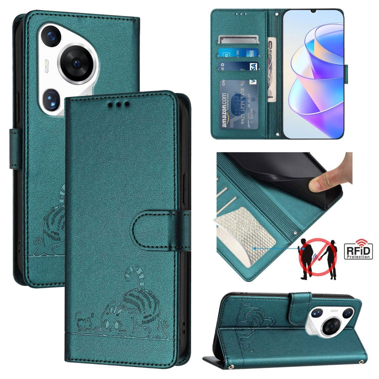 For Huawei Pura 70 Pro Cat Rat Embossed Pattern RFID Leather Phone Case with Lanyard(Peacock Green) - Huawei Cases by PMC Jewellery | Online Shopping South Africa | PMC Jewellery | Buy Now Pay Later Mobicred