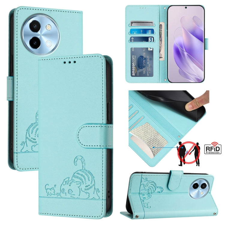 For vivo Y38 5G Cat Rat Embossed Pattern RFID Leather Phone Case with Lanyard(Mint Green) - vivo Cases by PMC TechLife | Online Shopping South Africa | PMC TechLife | Buy Now Pay Later Mobicred