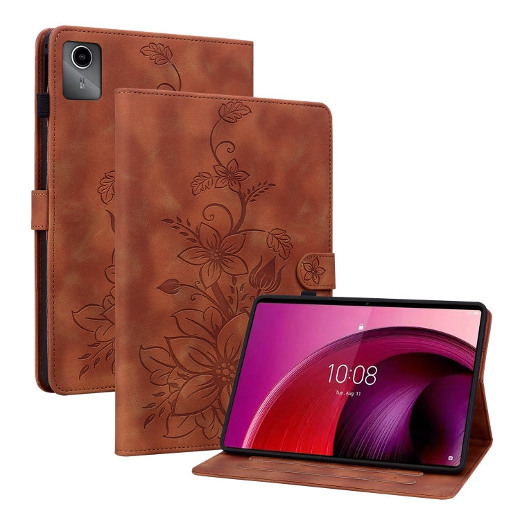 For Lenovo Tab M11/Xiaoxin Pad 11 2024 Lily Embossed Leather Tablet Case(Brown) - Lenovo by PMC Jewellery | Online Shopping South Africa | PMC Jewellery | Buy Now Pay Later Mobicred
