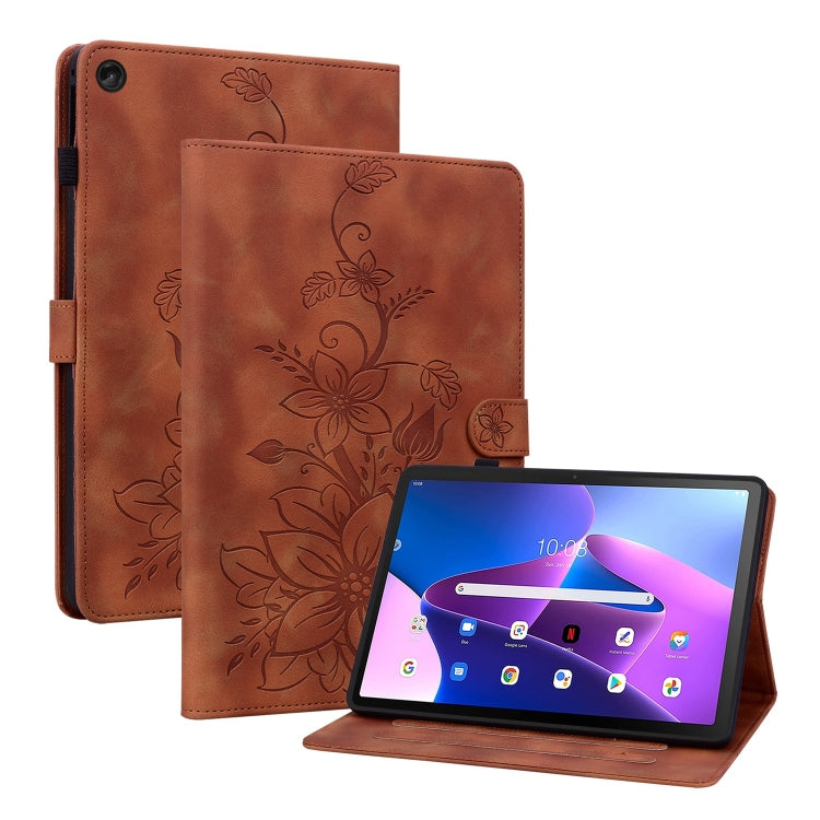 For Lenovo Tab M10 10.1 3rd Gen Lily Embossed Leather Tablet Case(Brown) - Lenovo by PMC TechLife | Online Shopping South Africa | PMC TechLife | Buy Now Pay Later Mobicred