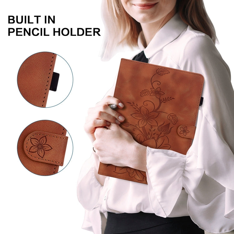 For Lenovo Tab M10 Plus 10.6 3rd Gen Lily Embossed Leather Tablet Case(Brown) - Lenovo by PMC TechLife | Online Shopping South Africa | PMC TechLife | Buy Now Pay Later Mobicred