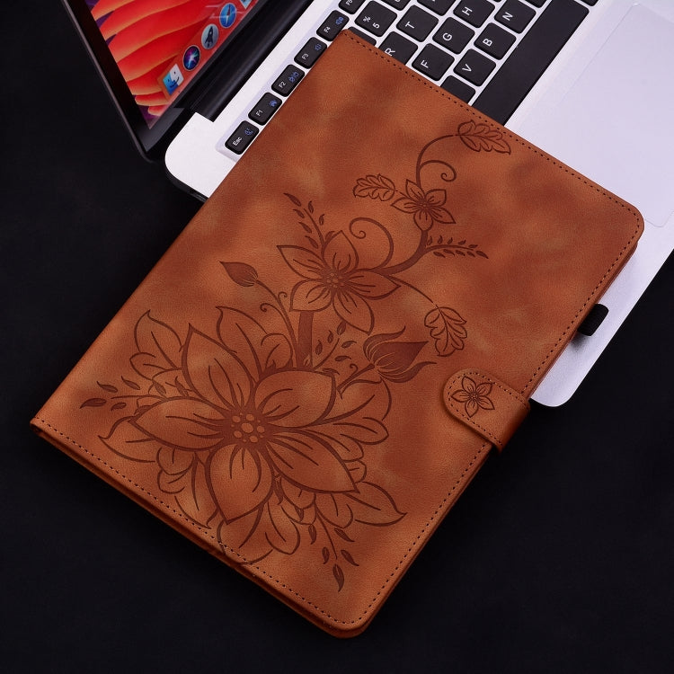 For Lenovo M10 Plus 10.3 Lily Embossed Leather Tablet Case(Brown) - Lenovo by PMC TechLife | Online Shopping South Africa | PMC TechLife | Buy Now Pay Later Mobicred