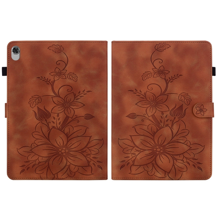 For Lenovo M10 Plus 10.3 Lily Embossed Leather Tablet Case(Brown) - Lenovo by PMC TechLife | Online Shopping South Africa | PMC TechLife | Buy Now Pay Later Mobicred