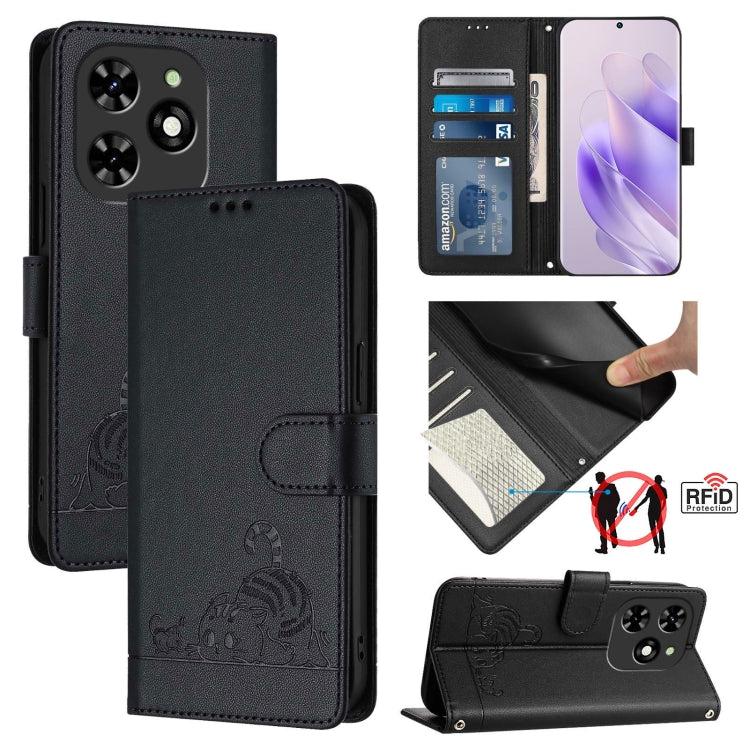 For Tecno Spark GO 2024 Cat Rat Embossed Pattern RFID Leather Phone Case with Lanyard(Black) - Tecno Cases by PMC Jewellery | Online Shopping South Africa | PMC Jewellery | Buy Now Pay Later Mobicred