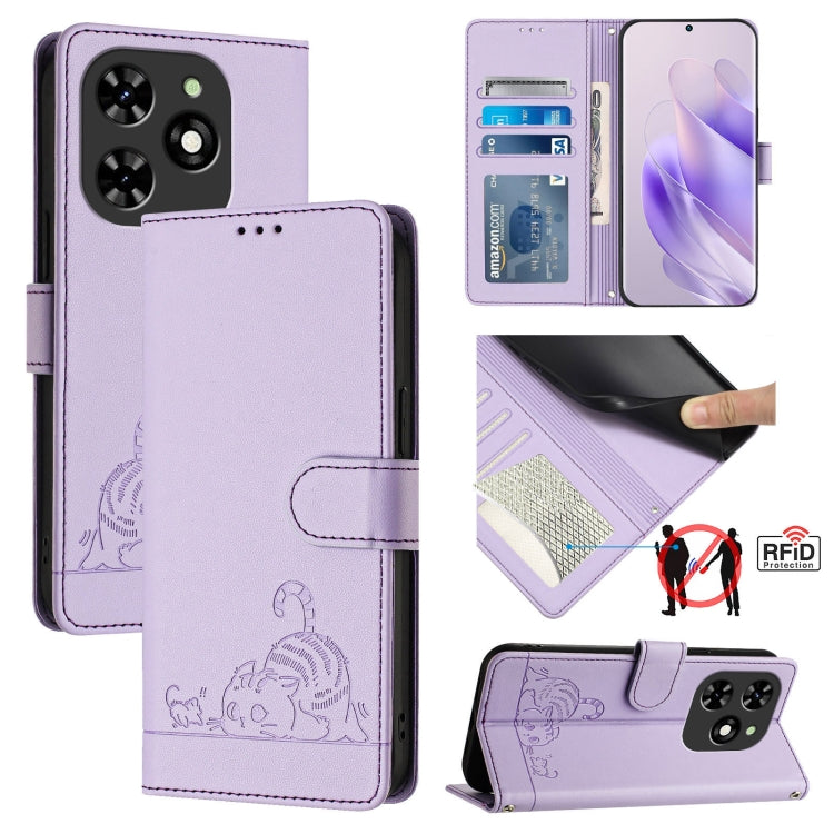 For Tecno Spark GO 2024 Cat Rat Embossed Pattern RFID Leather Phone Case with Lanyard(Purple) - Tecno Cases by PMC Jewellery | Online Shopping South Africa | PMC Jewellery | Buy Now Pay Later Mobicred