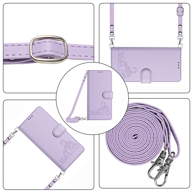 For Tecno Spark GO 2024 Cat Rat Embossed Pattern RFID Leather Phone Case with Lanyard(Purple) - Tecno Cases by PMC Jewellery | Online Shopping South Africa | PMC Jewellery | Buy Now Pay Later Mobicred