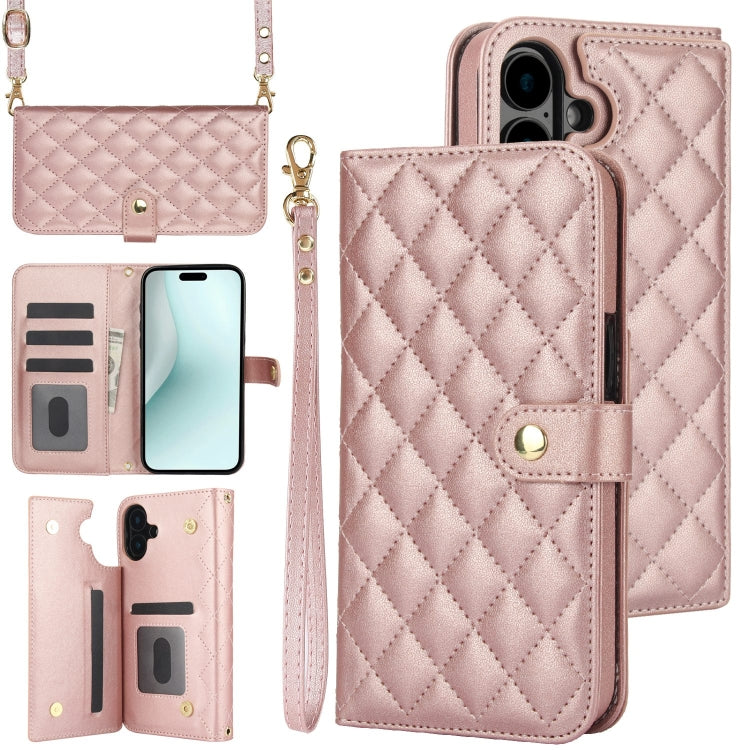 For iPhone 16 Plus Crossbody Multifunction Rhombic Leather Phone Case(Rose Gold) - free shipping - PMC Jewellery - Order now!