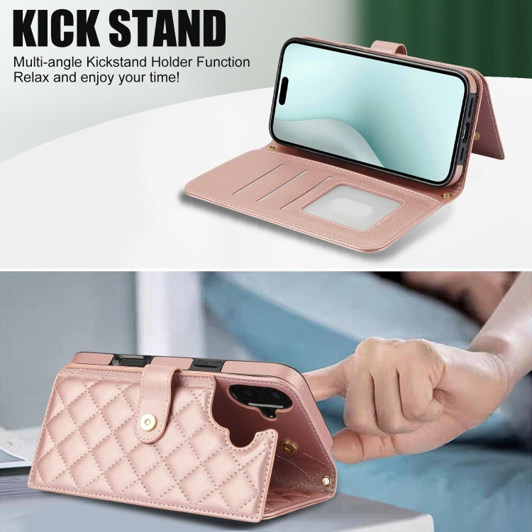 For iPhone 16 Plus Crossbody Multifunction Rhombic Leather Phone Case(Rose Gold) - free shipping - PMC Jewellery - Order now!
