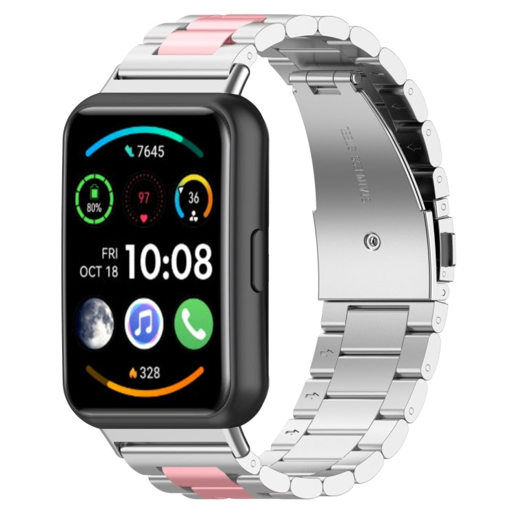For Huawei Watch Fit 3 Three Bead Stainless Steel Metal Watch Band(Silver Pink) - Watch Bands by PMc TechLife | Online Shopping South Africa | PMc TechLife | Buy Now Pay Later Mobicred