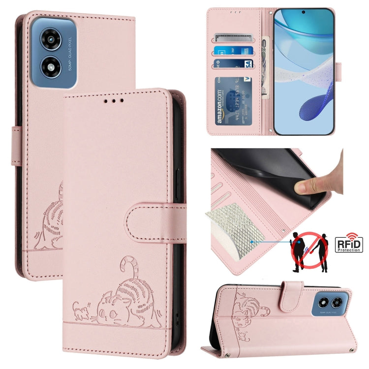 For Motorola Moto G Play 5G 2024 Global Cat Rat Embossed Pattern RFID Leather Phone Case with Lanyard(Pink) - Motorola Cases by PMC Jewellery | Online Shopping South Africa | PMC Jewellery | Buy Now Pay Later Mobicred