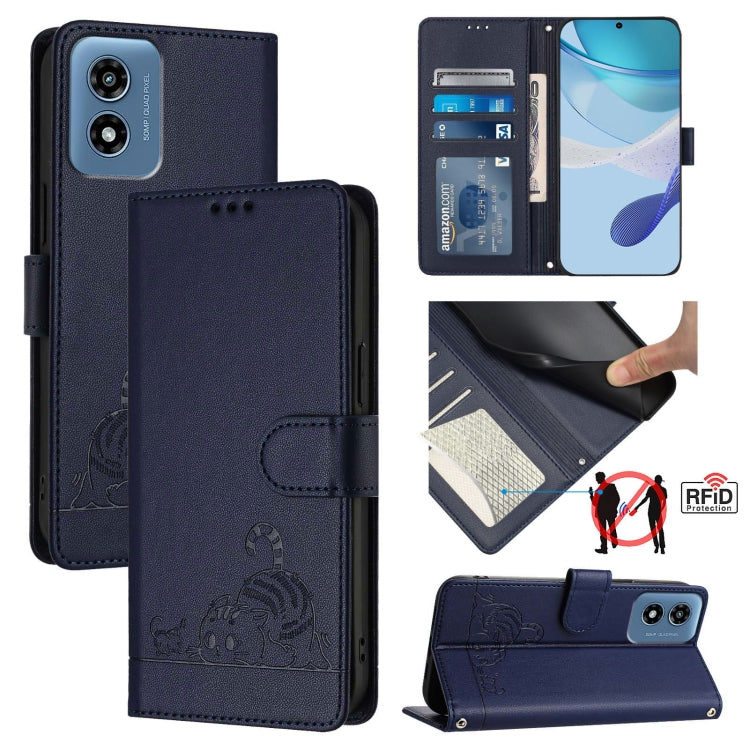 For Motorola Moto G Play 5G 2024 Global Cat Rat Embossed Pattern RFID Leather Phone Case with Lanyard(Blue) - Motorola Cases by PMC Jewellery | Online Shopping South Africa | PMC Jewellery | Buy Now Pay Later Mobicred