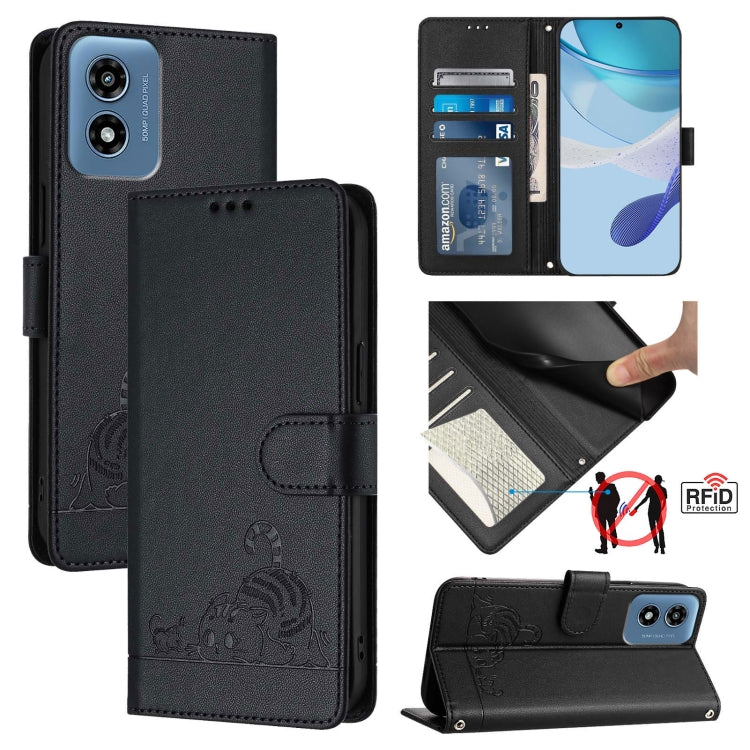 For Motorola Moto G 5G 2024 Global Cat Rat Embossed Pattern RFID Leather Phone Case with Lanyard(Black) - Motorola Cases by PMC Jewellery | Online Shopping South Africa | PMC Jewellery | Buy Now Pay Later Mobicred