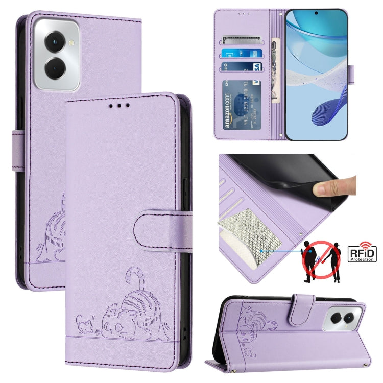 For Motorola Moto G Power 5G 2024 Cat Rat Embossed Pattern RFID Leather Phone Case with Lanyard(Purple) - Motorola Cases by PMC Jewellery | Online Shopping South Africa | PMC Jewellery | Buy Now Pay Later Mobicred