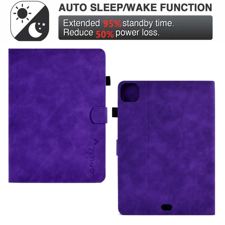 For iPad Pro 11 2024 Embossed Smile Smart Leather Tablet Case(Purple) - iPad Pro 11 2024 Cases by PMC TechLife | Online Shopping South Africa | PMC TechLife | Buy Now Pay Later Mobicred