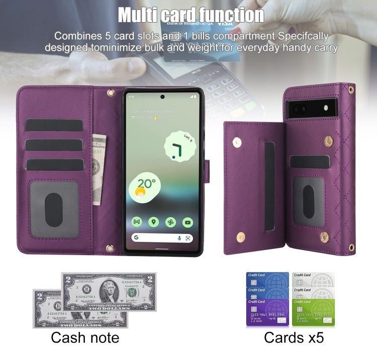 For Google Pixel 6a Crossbody Multifunction Rhombic Leather Phone Case(Dark Purple) - Google Cases by PMC TechLife | Online Shopping South Africa | PMC TechLife | Buy Now Pay Later Mobicred